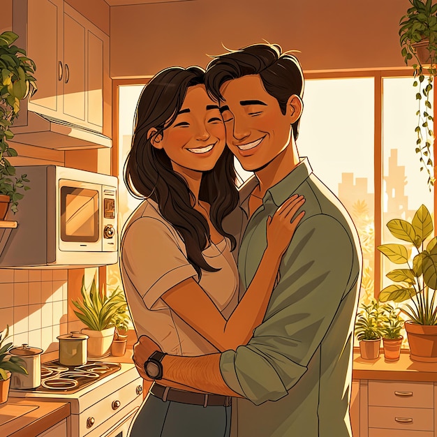 A warm cartoonstyle illustration of a man and woman embracing each other in a kitchen with potted plants and appliances