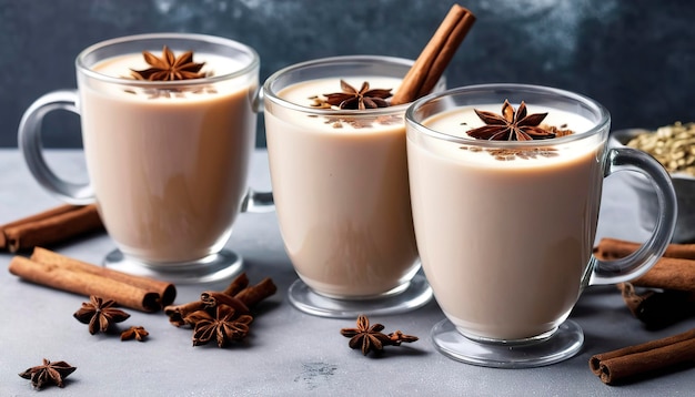 Warm chai tea with milk and winter spices in glass mugs