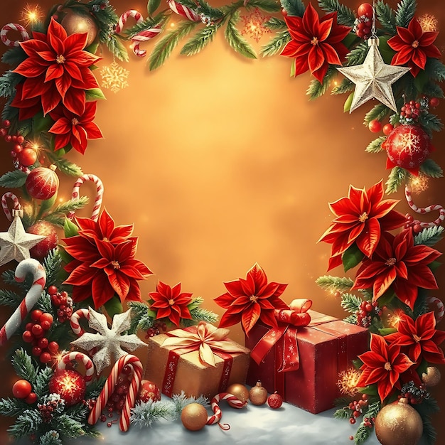 Warm Cinnamon Backdrop Adorned With Sparkling Poinsettias Silver Stars Dangle Softly Above Frosted