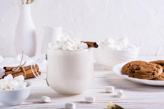 Warm cocoa with marshmallows and cinnamon in a cup and a plate of oatmeal cookies on the table