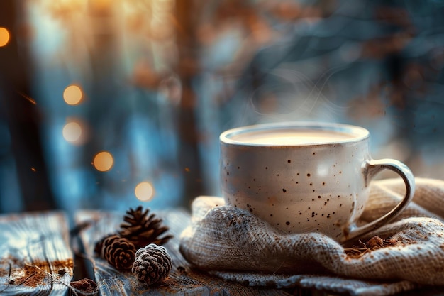 Warm Coffee Mug With Steam on Wooden Table in Winter Setting