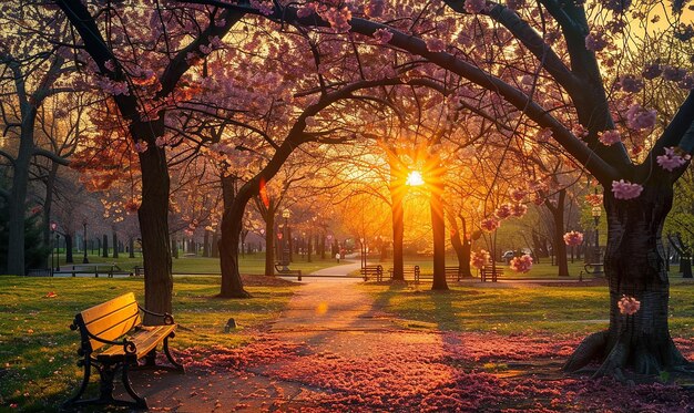 Warm Colors of Sunset Cherry Blossom Trees in a Park