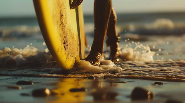 Warm colors toned image of a surfers feet and surfboard on the beach The surfboard is yellow and the water is crystal clear