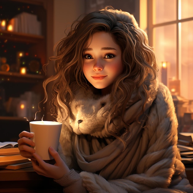 warm cozy atmosphere with warm cocoa beautiful girl