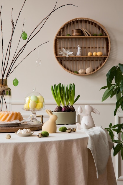 Warm and cozy composition of easter dining room interior with round table cake hare sculpture colorful eggs shelf on wall wooden trace plant and personal accessories Home decor Template