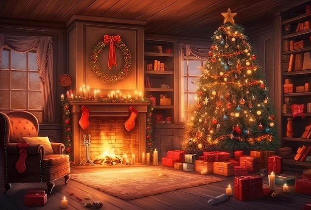 Warm cozy evening Christmas eve Christmas room with fireplace interior design