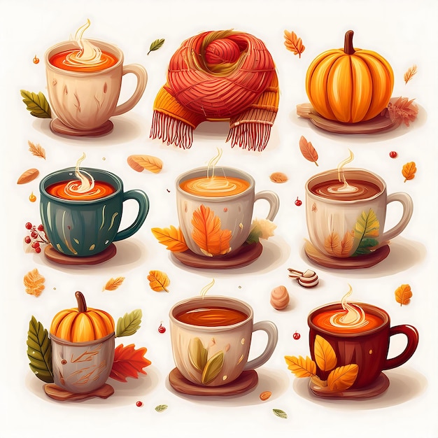 Warm and Cozy Food Icons A collection of icons with winter and autumn foods like pumpkin coffee and cookies Graphic art illustration