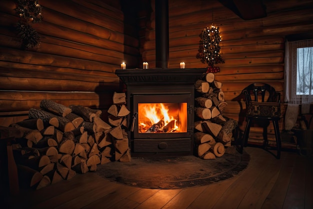 A Warm and Cozy Home Fireplace Burning in a Winter Log Cabin with Christmas Art