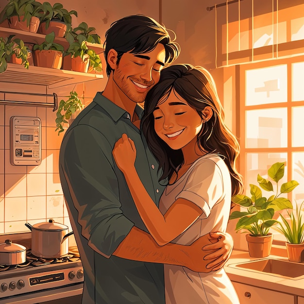 A warm and cozy illustration of a man and woman embracing each other in a kitchen with potted plants and cooking utensils visible around them