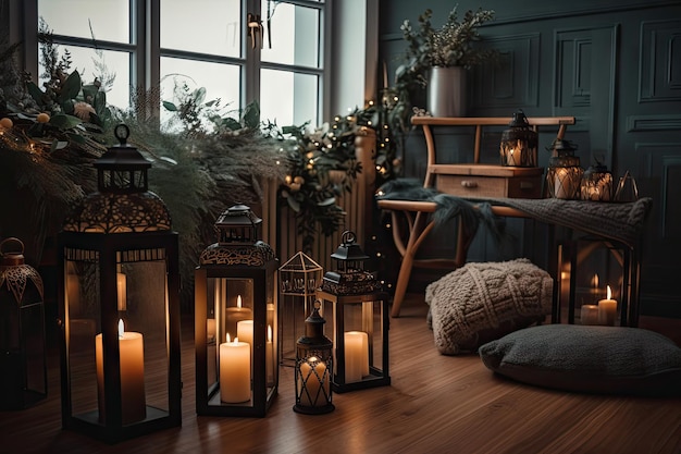 Warm and cozy interior with festive lanterns and greenery giving a hint of holiday cheer