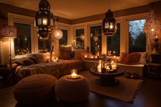 Warm and cozy living room with lanterns lighting up the windows and candles flickering inside