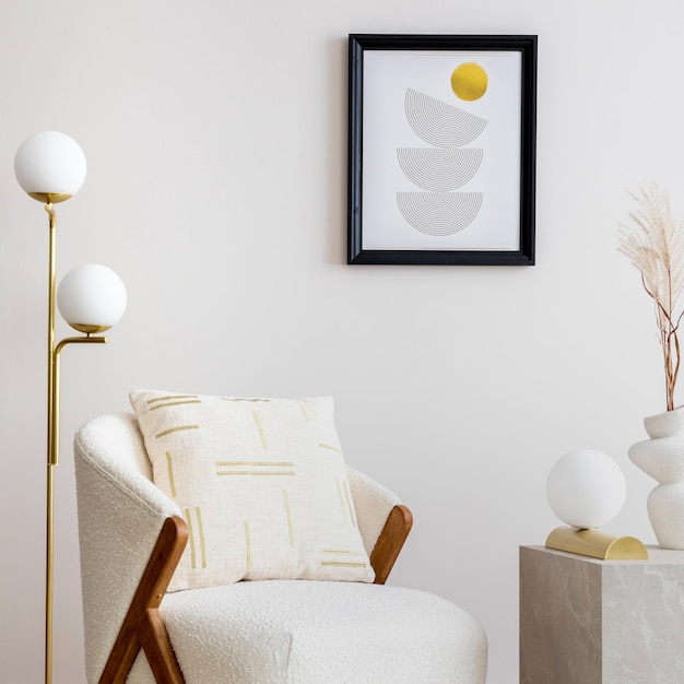 Warm and cozy living room with mock up poster white armchair lamp consola and personal accessories