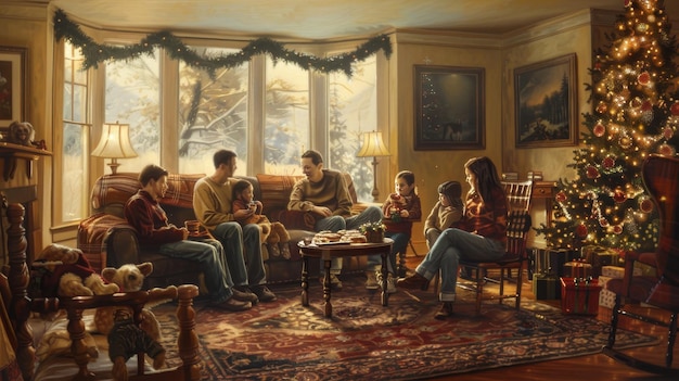 Warm and cozy postchristmas family gathering in festively decorated living room with holiday treats