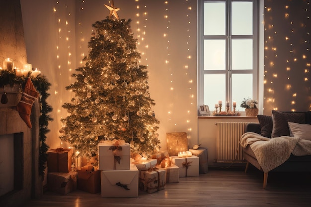 Warm cozy room with beautifully decorated tree shining twinkling lights and presents