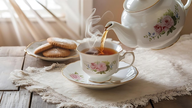 A warm and cozy scene of a wooden table adorned with a beautiful teapot a steaming cup of tea and a plate of delicious cookies