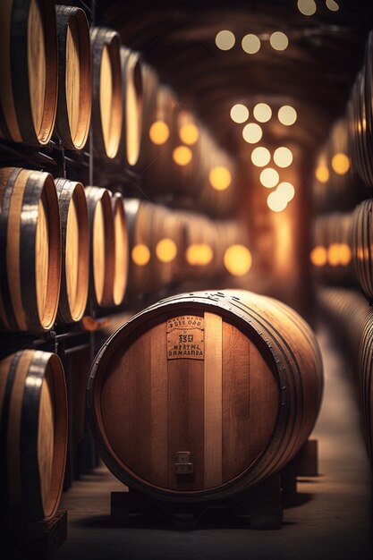 Warm and Cozy Wine Cellar with Barrels in Soft Lighting