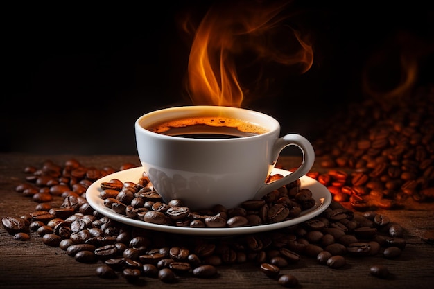 warm cup of coffee on brown background