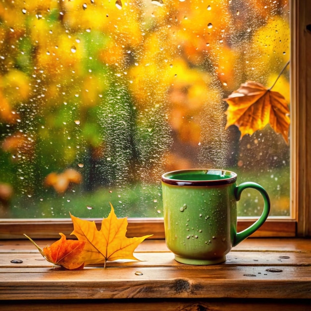 A warm cup of coffee with coffee beans and an autumn leaf by the window on a rainy day