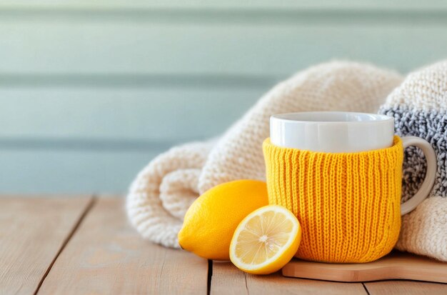 Photo warm cup of herbal tea with lemon slice on wooden board beside cozy knitted blanket