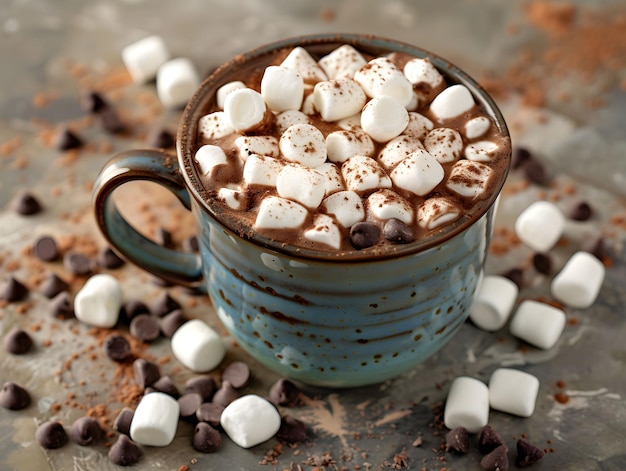 Photo warm cup of hot chocolate topped with fluffy marshmallows and chocolate chips on a rustic table