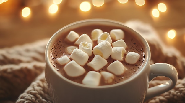 A warm cup of hot chocolate topped with marshmallows perfect for a cozy night