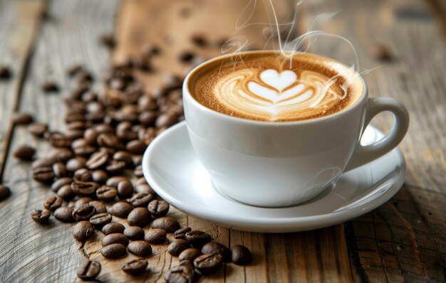 A warm cup of latte art coffee on a wooden surface surrounded by scattered coffee beans evoking a cozy aromatic atmosphere