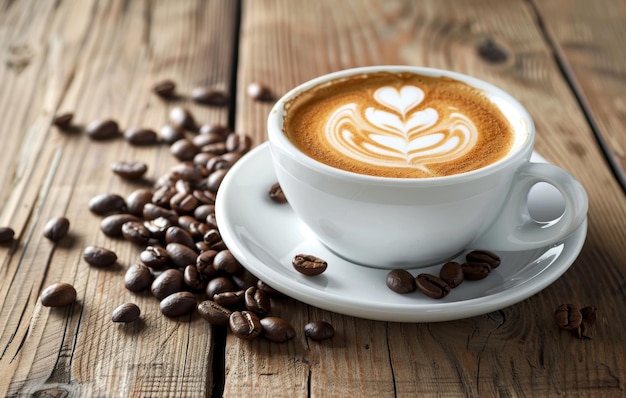 A warm cup of latte art coffee on a wooden surface surrounded by scattered coffee beans evoking a cozy aromatic atmosphere