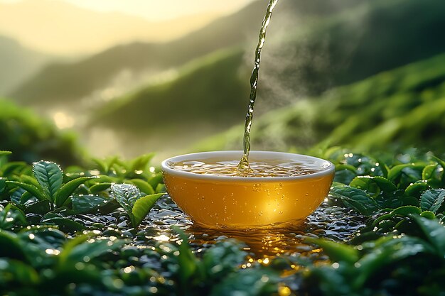 Photo a warm cup of tea being poured amidst lush green tea leaves