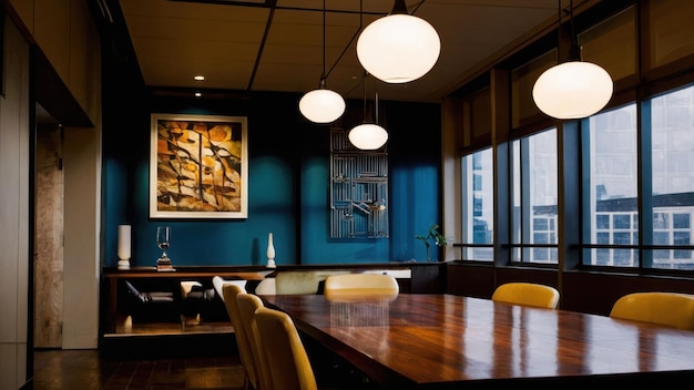 Warm and elegant dining room with wooden table and cozy lighting