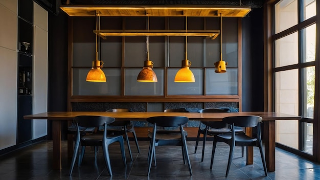 Warm and elegant dining room with wooden table and cozy lighting