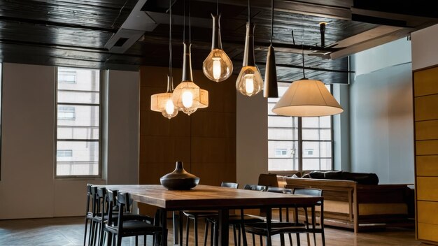 Warm and elegant dining room with wooden table and cozy lighting