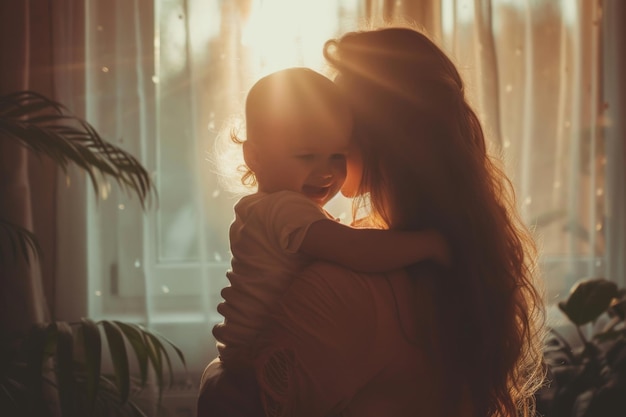 A warm embrace between mother and child bathed in the morning sunlight streaming through the window