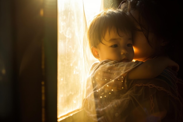 A warm embrace between mother and child bathed in the morning sunlight streaming through the window