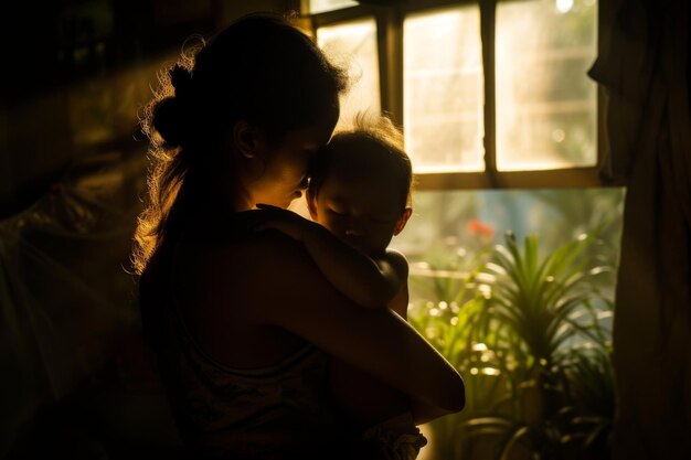 A warm embrace between mother and child bathed in the morning sunlight streaming through the window