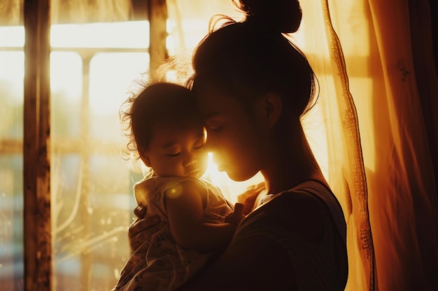 A warm embrace between mother and child bathed in the morning sunlight streaming through the window