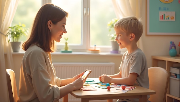 Photo warm and engaging speech therapy scene with educational tools