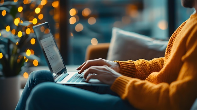 Photo a warm evening in a study engaging work on a laptop surrounded by soft twinkling lights