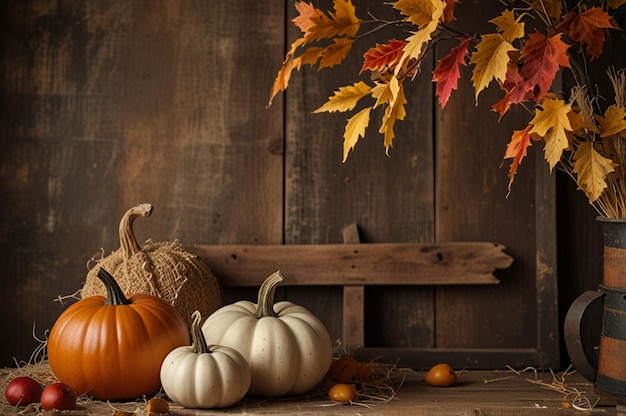 Warm Fall Harvest Time and Decor on Rustic Background