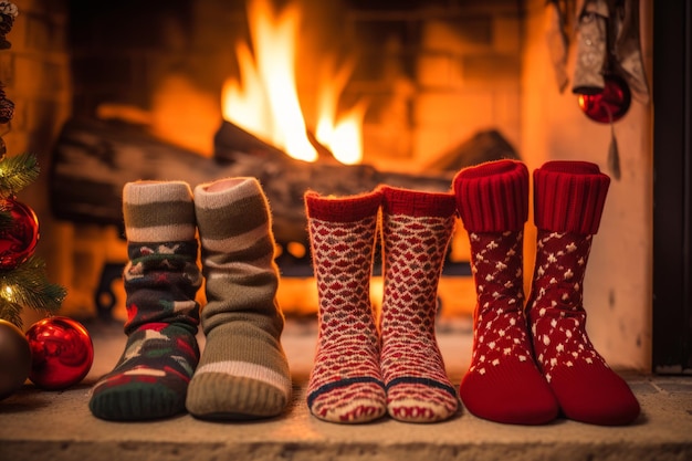 A Warm Family Christmas Scene Captured Through the Cozy Image of a Family39s Feet Snuggled