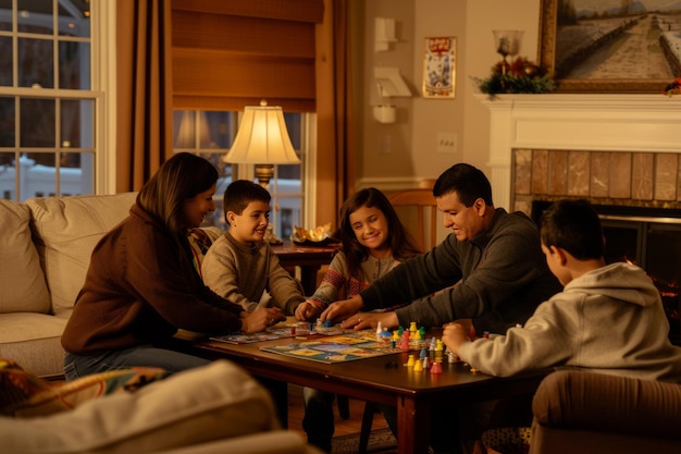 Photo warm family evenings spent playing board games by the cozy fireplace in an inviting living room