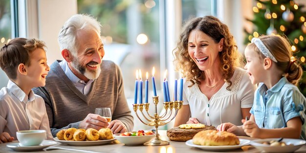 Photo warm family moments candid hanukkah meal celebration at the dining table joyful connections and f