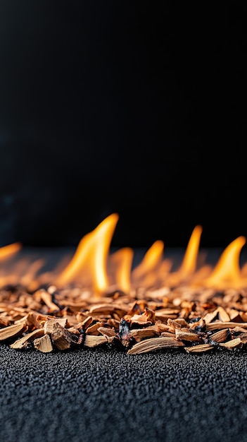 Warm flames dance above burning wood logs creating a cozy atmosphere in a dark interior during a winter night