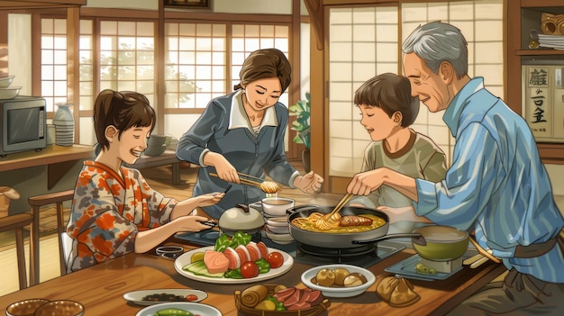 Warm and genuine moments of a Japanese family preparing and sharing a traditional