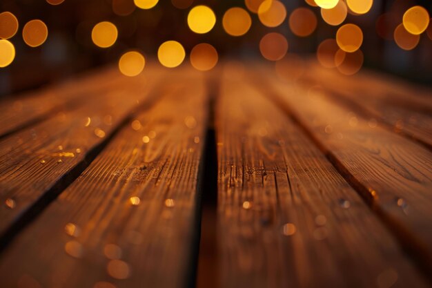 Photo warm glow of blurred lights on wooden planks