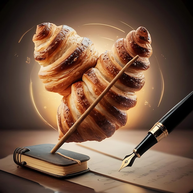 Photo a warm glow of inspiration a croissant quill awaits the writers touch