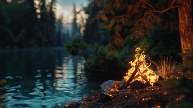 Photo a warm glowing campfire crackles by a serene lakeside in a dense forest at twilight surrounded by tranquil water and towering trees evoking peace and solitude