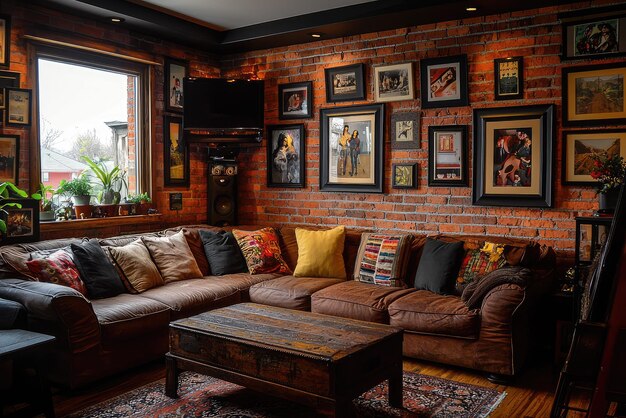 A warm haven enriched with brick accents vibrant decor and timeless art the perfect cozy living room escape awaits you