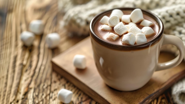 Photo warm hot chocolate with marshmallows on rustic wooden table