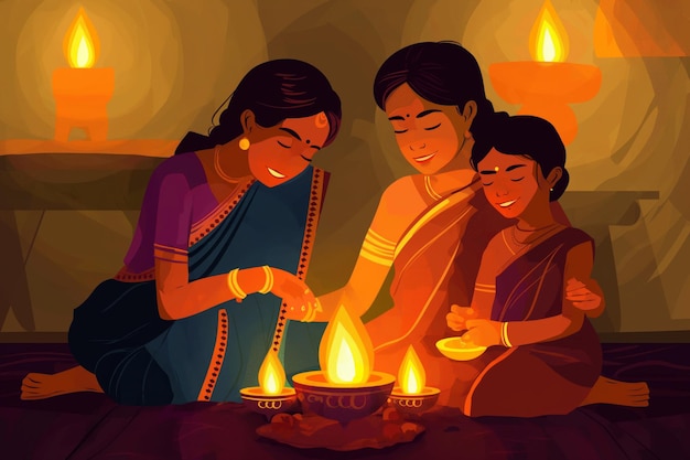 Warm illustration of an Indian mother and children lighting oil lamps in a festive setting