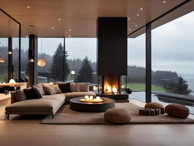 Warm interior view of a modern architectural living room with a fireplace some candles Made by AI